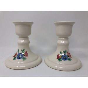 White Taper Candle Candlestick Holder Blue Pink Floral Design Pedestal Set of 2